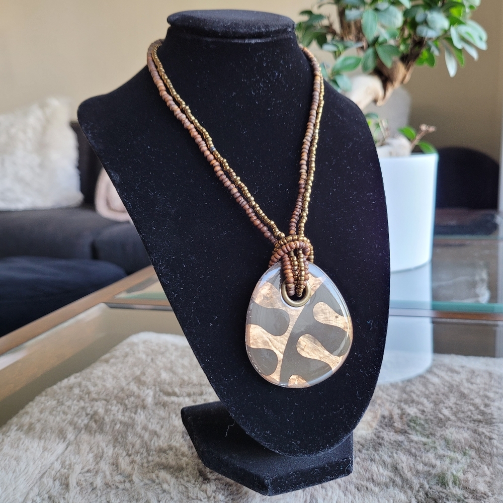 Boho Leaf Pendant Brown Beaded Necklace Neutral